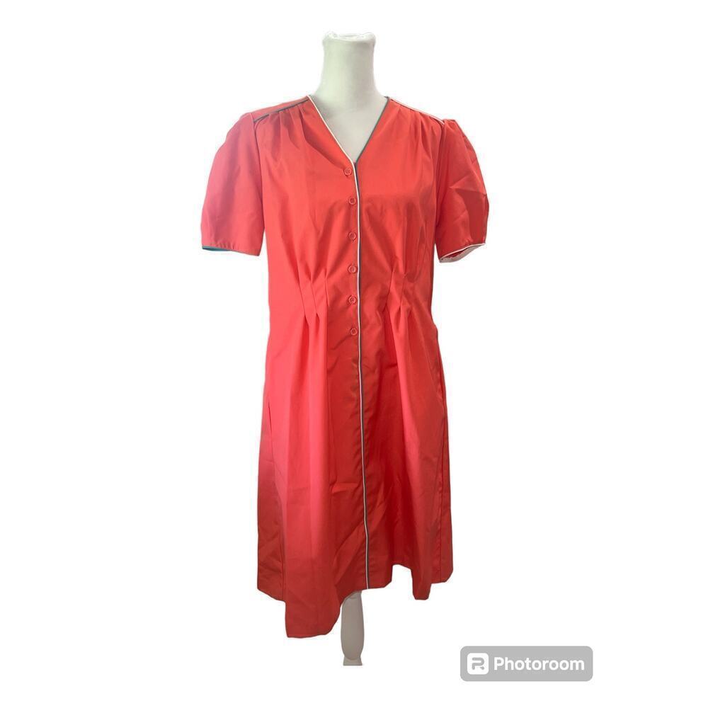 Vintage Townhouse Coral Pink Button Front‎ Midi Dress Teal Trim 8P Retro 80s